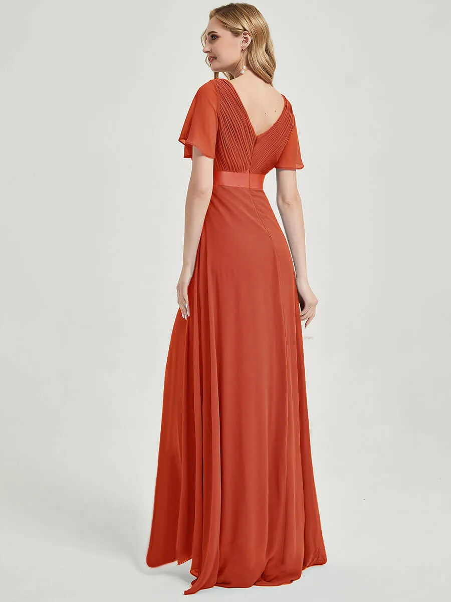 [Final Sale] Terracotta Floor-Length Ruffle Sleeve Chiffon  Bridesmaid Dresses