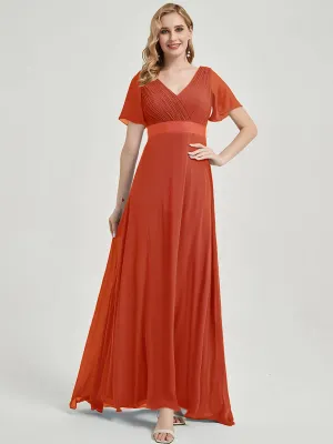 [Final Sale] Terracotta Floor-Length Ruffle Sleeve Chiffon  Bridesmaid Dresses