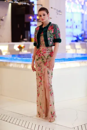 Floral Applique with Beaded Straight Long Gown