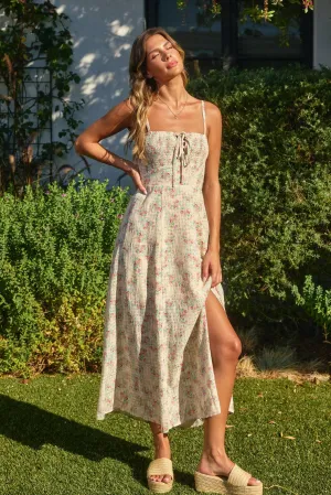Floral Feeling Lace Up Smocked Midi Dress