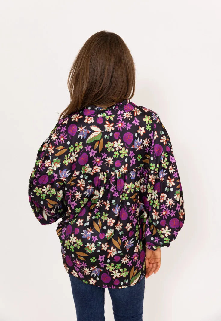 Floral Satin Button Puff Slv Top