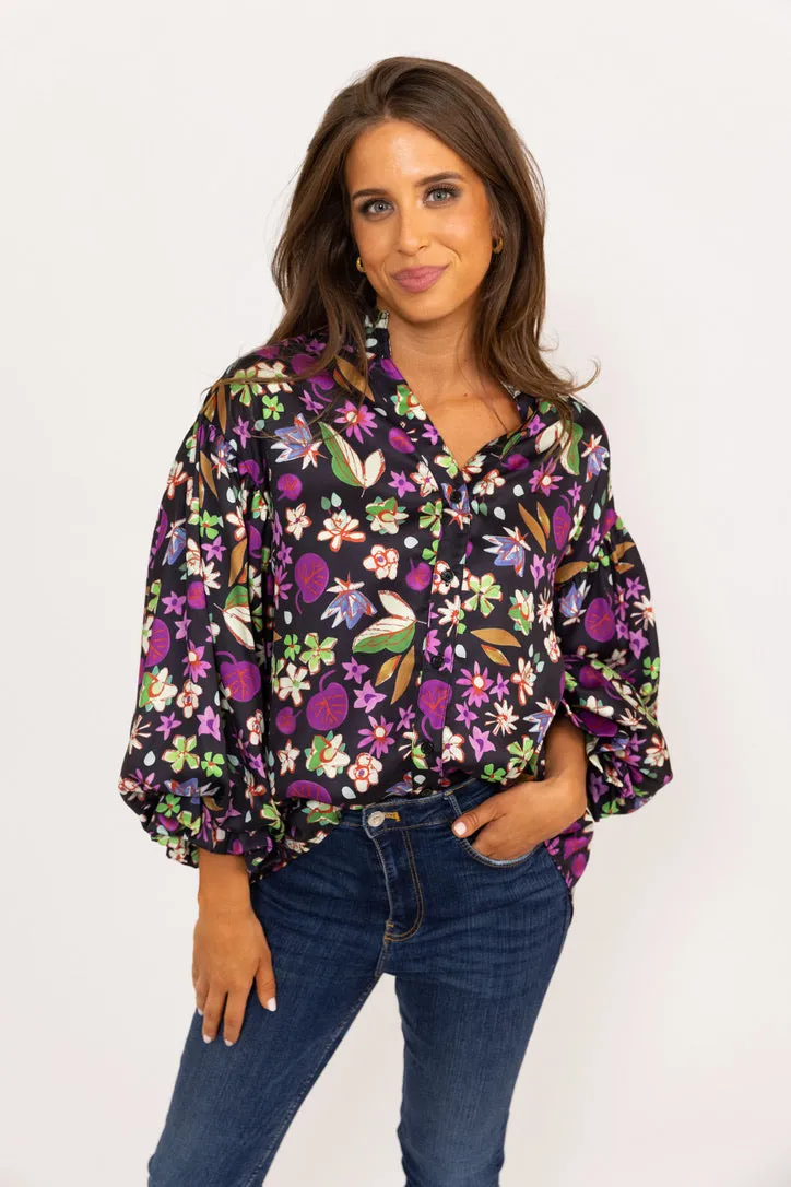 Floral Satin Button Puff Slv Top