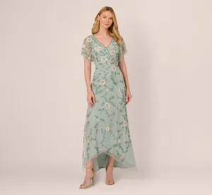 Flutter Sleeve Beaded Wrap Dress In Aqua Dust