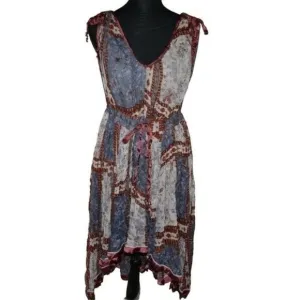 Free People Red &amp; Blue Patchwork Boho Cotton Summer Dress