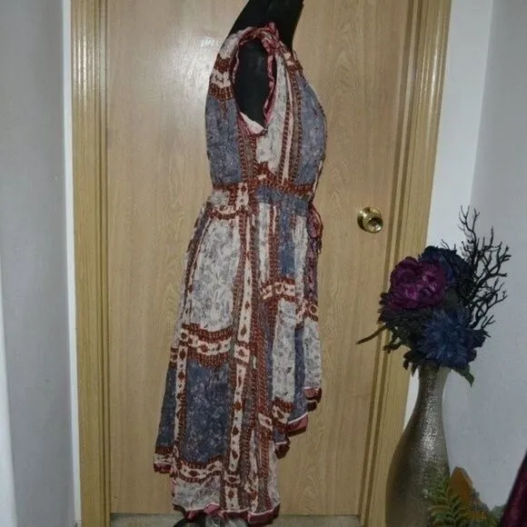 Free People Red &amp; Blue Patchwork Boho Cotton Summer Dress