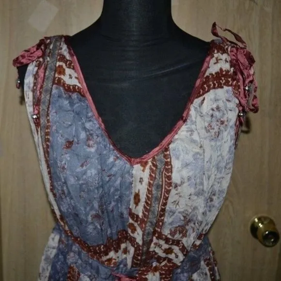 Free People Red &amp; Blue Patchwork Boho Cotton Summer Dress