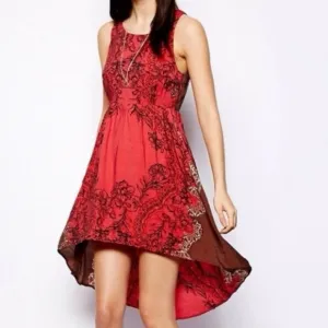 Free People Russian Red Hi-Lo Sleeveless Printed Lace Open Back Boho Dress