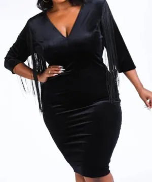 Fringed Black Velvet Dress (Plus)