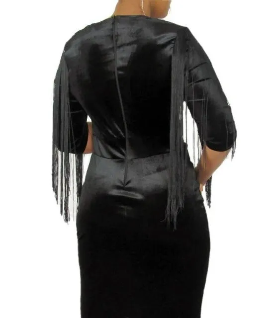 Fringed Black Velvet Dress (Plus)