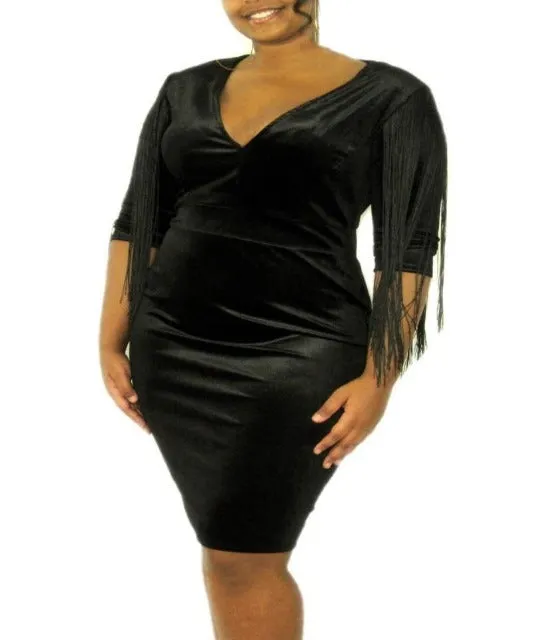 Fringed Black Velvet Dress (Plus)