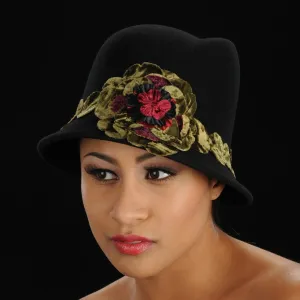 FW1128 Black ladies felt hat with velvet green flower and trim