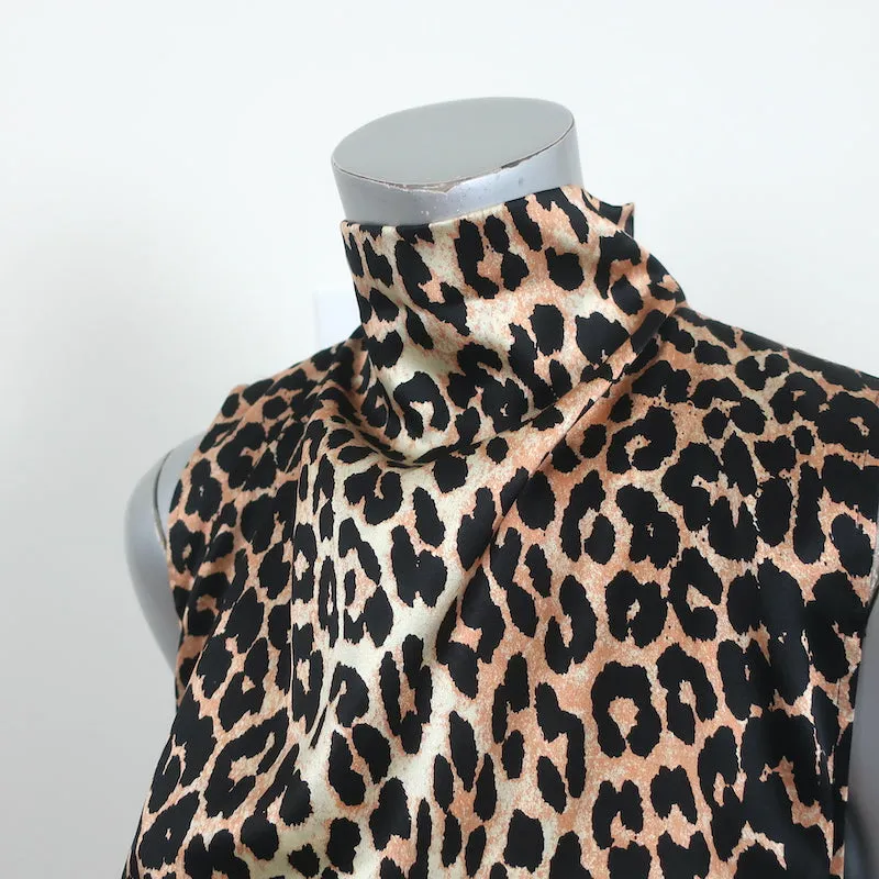 GANNI Leopard Cowl Neck Top Stretch Silk Satin Size 38 Sleeveless Blouse