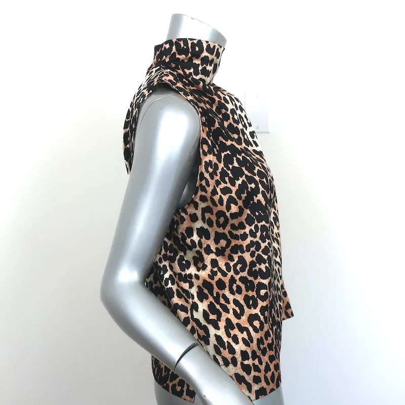 GANNI Leopard Cowl Neck Top Stretch Silk Satin Size 38 Sleeveless Blouse