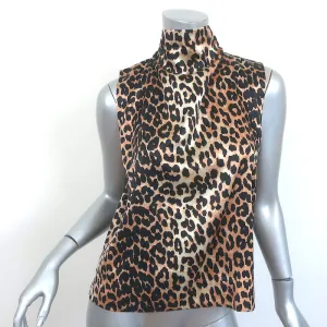 GANNI Leopard Cowl Neck Top Stretch Silk Satin Size 38 Sleeveless Blouse