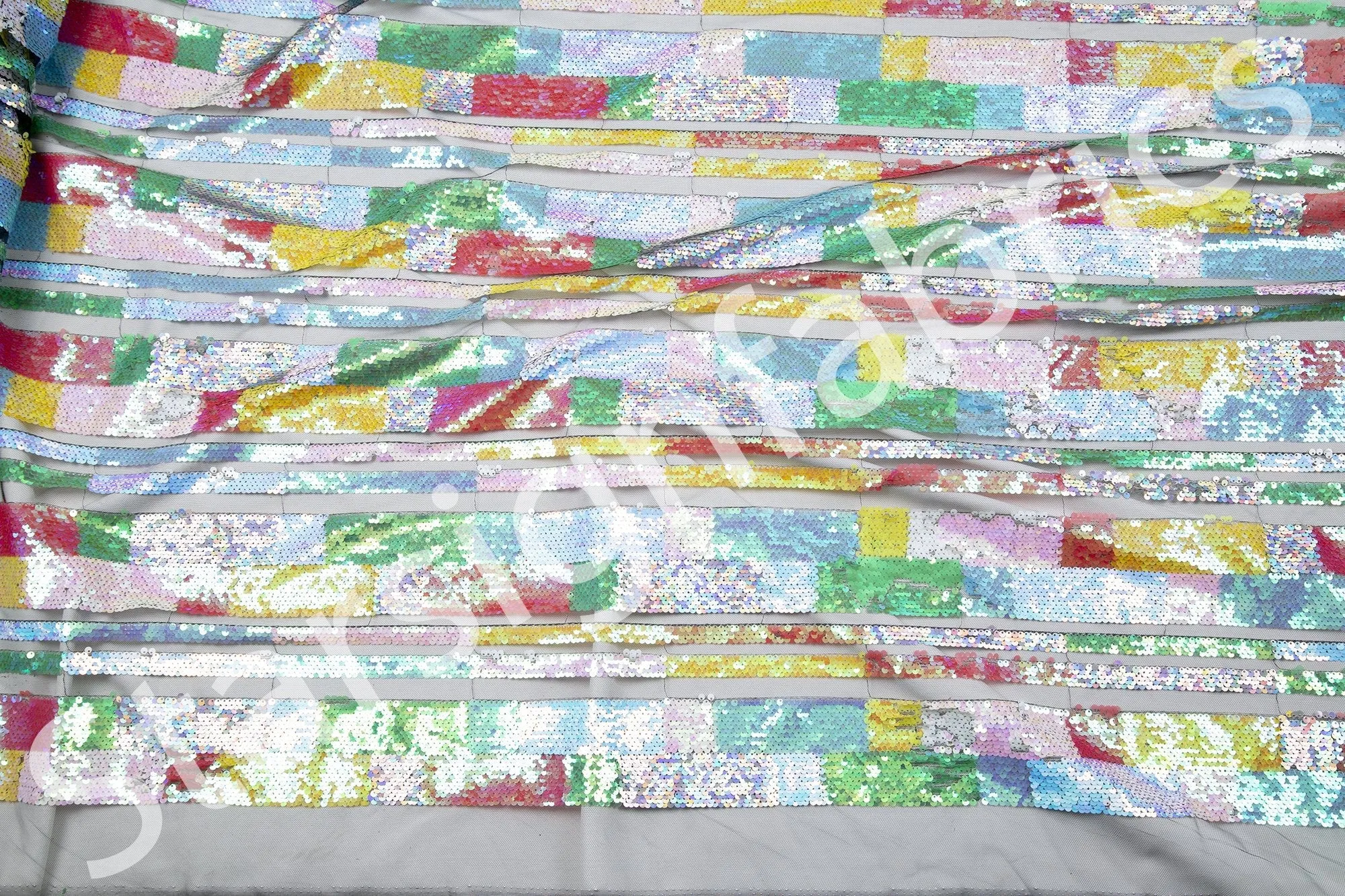 Geometric Design Sheer Ribbon Sequin Embroidery Tulle Multi Color Fabric