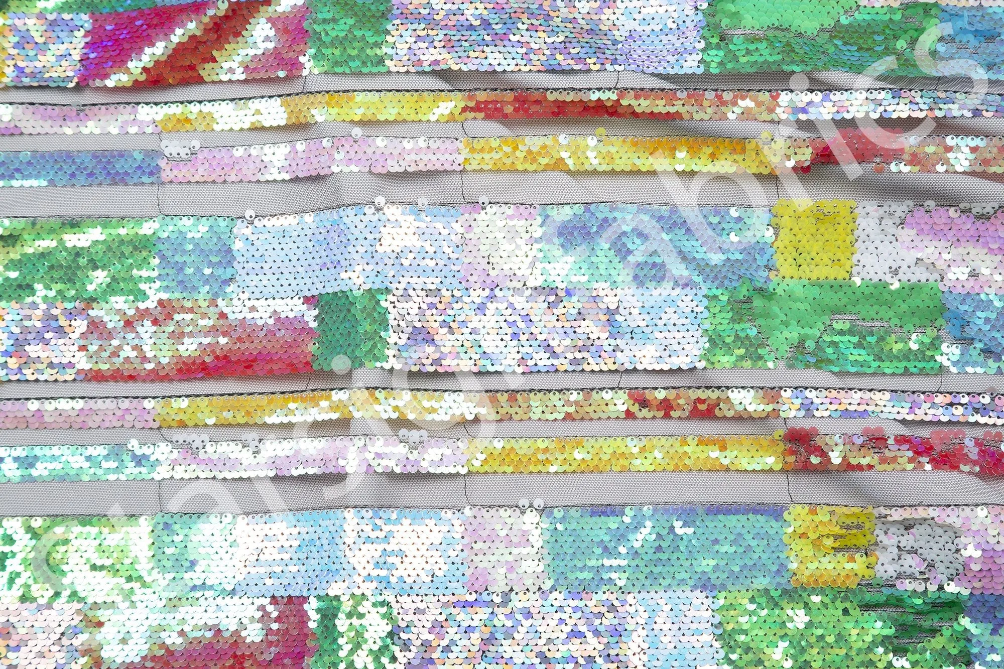 Geometric Design Sheer Ribbon Sequin Embroidery Tulle Multi Color Fabric