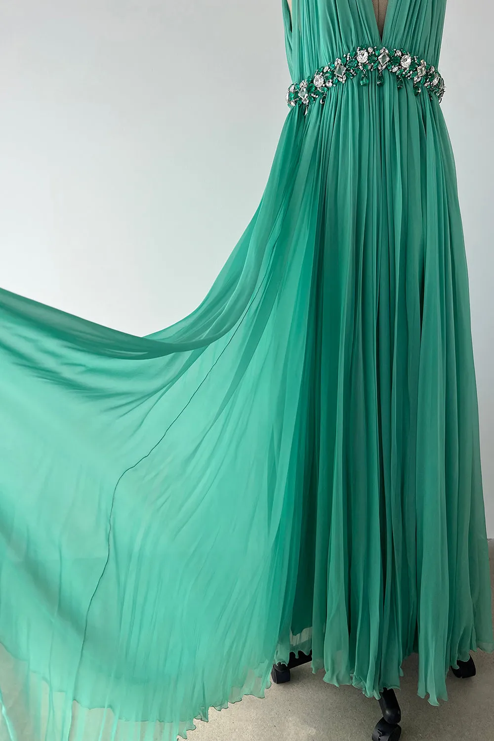 George Halley 1960s Couture Green Silk Gown with Heavy Rhinestone Belt