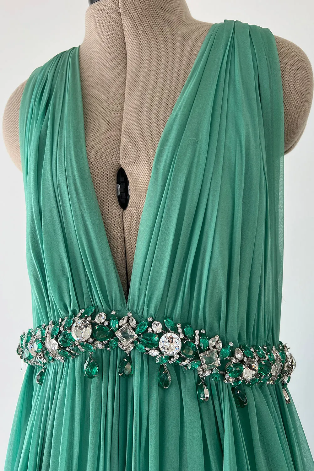George Halley 1960s Couture Green Silk Gown with Heavy Rhinestone Belt
