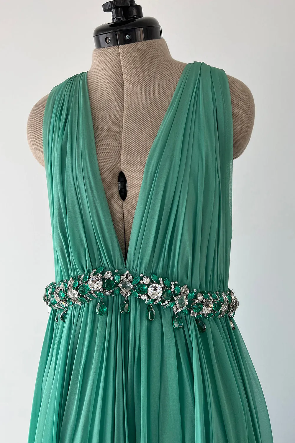 George Halley 1960s Couture Green Silk Gown with Heavy Rhinestone Belt
