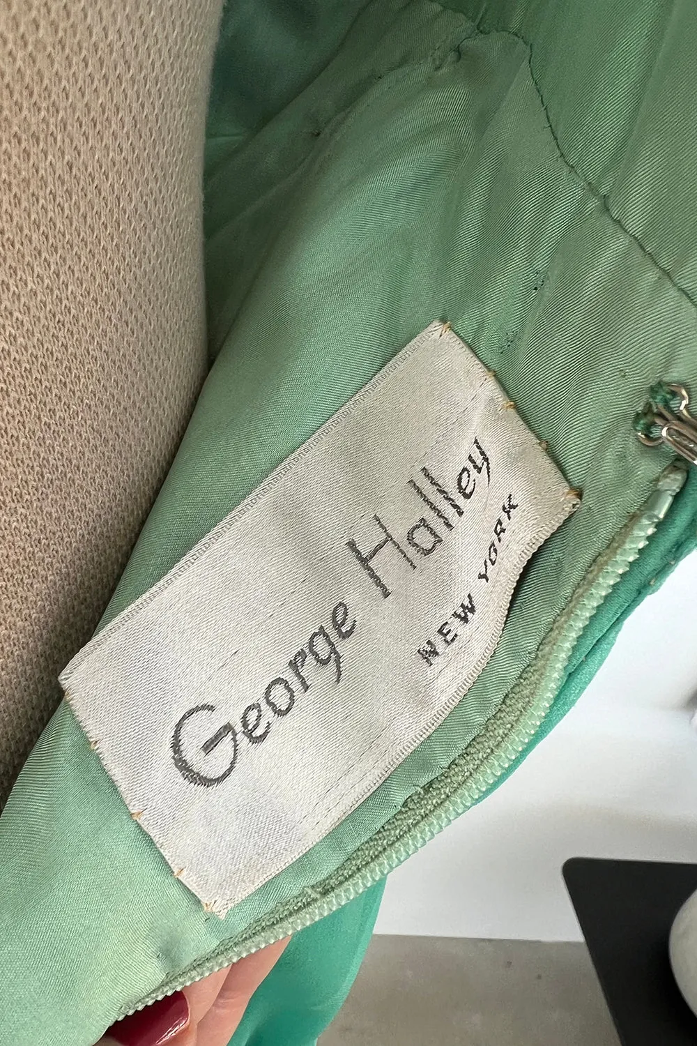 George Halley 1960s Couture Green Silk Gown with Heavy Rhinestone Belt