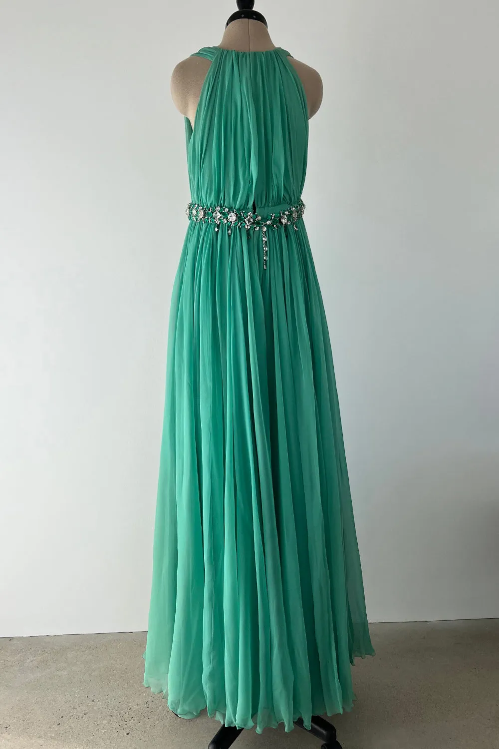 George Halley 1960s Couture Green Silk Gown with Heavy Rhinestone Belt