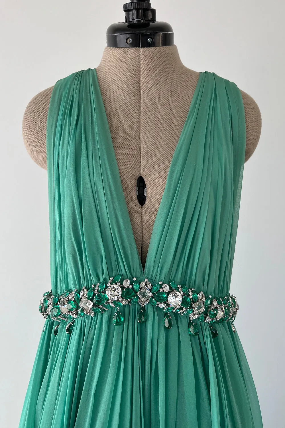 George Halley 1960s Couture Green Silk Gown with Heavy Rhinestone Belt
