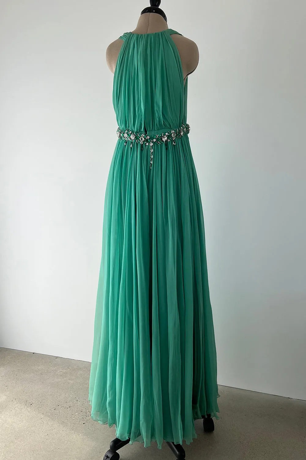 George Halley 1960s Couture Green Silk Gown with Heavy Rhinestone Belt