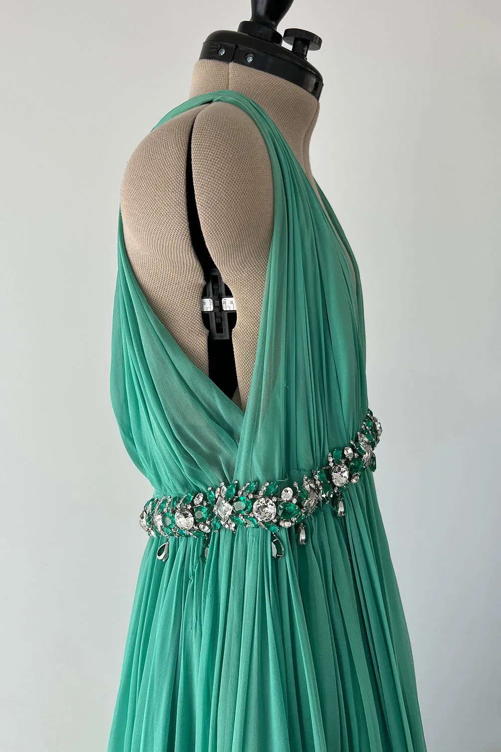 George Halley 1960s Couture Green Silk Gown with Heavy Rhinestone Belt