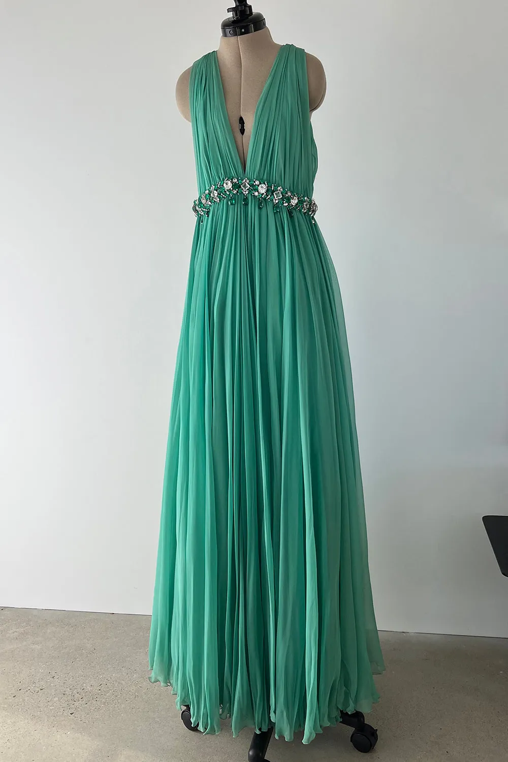 George Halley 1960s Couture Green Silk Gown with Heavy Rhinestone Belt