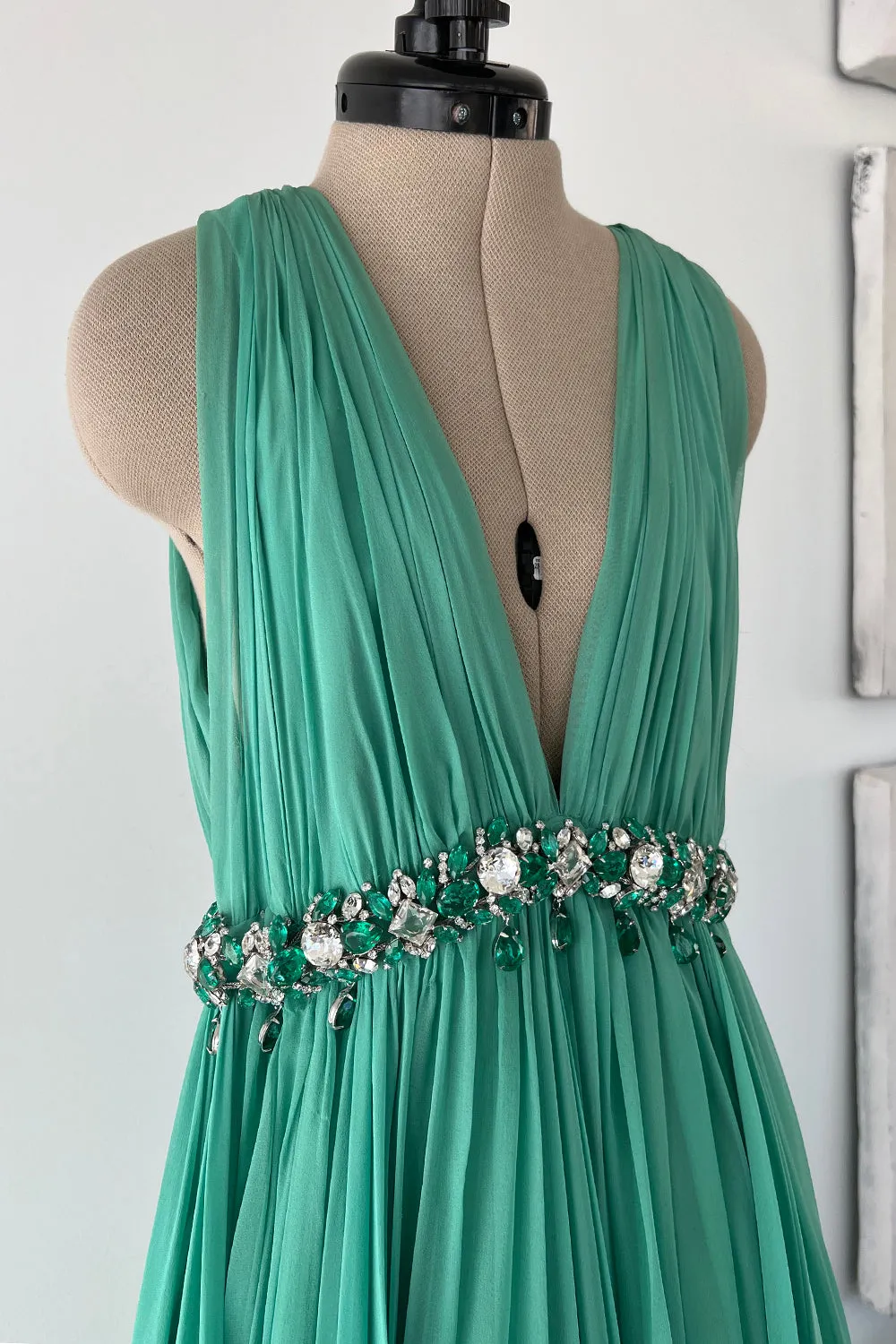 George Halley 1960s Couture Green Silk Gown with Heavy Rhinestone Belt