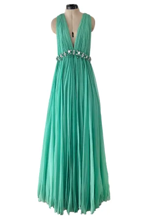George Halley 1960s Couture Green Silk Gown with Heavy Rhinestone Belt
