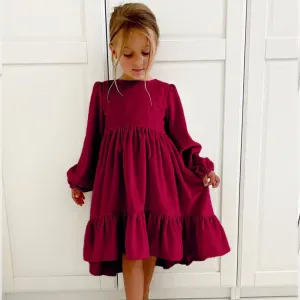 Girls Plush Velvet Dress - Deep Red