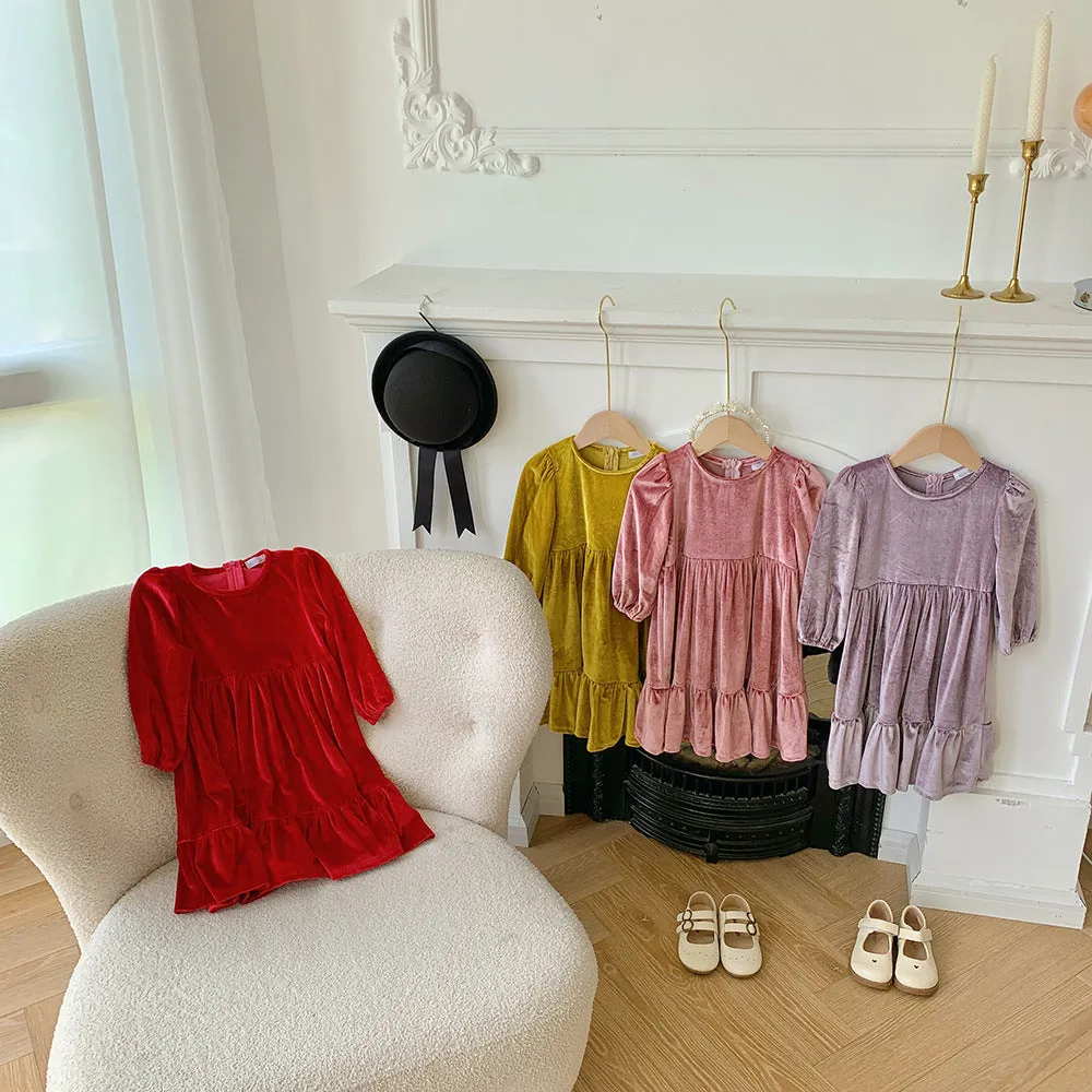Girls Plush Velvet Dress - Deep Red