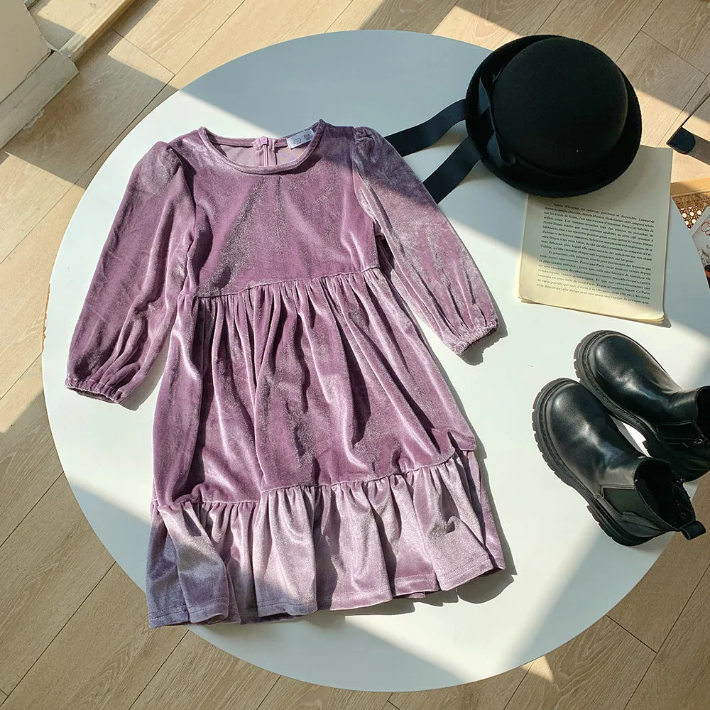 Girls Plush Velvet Dress - Violet
