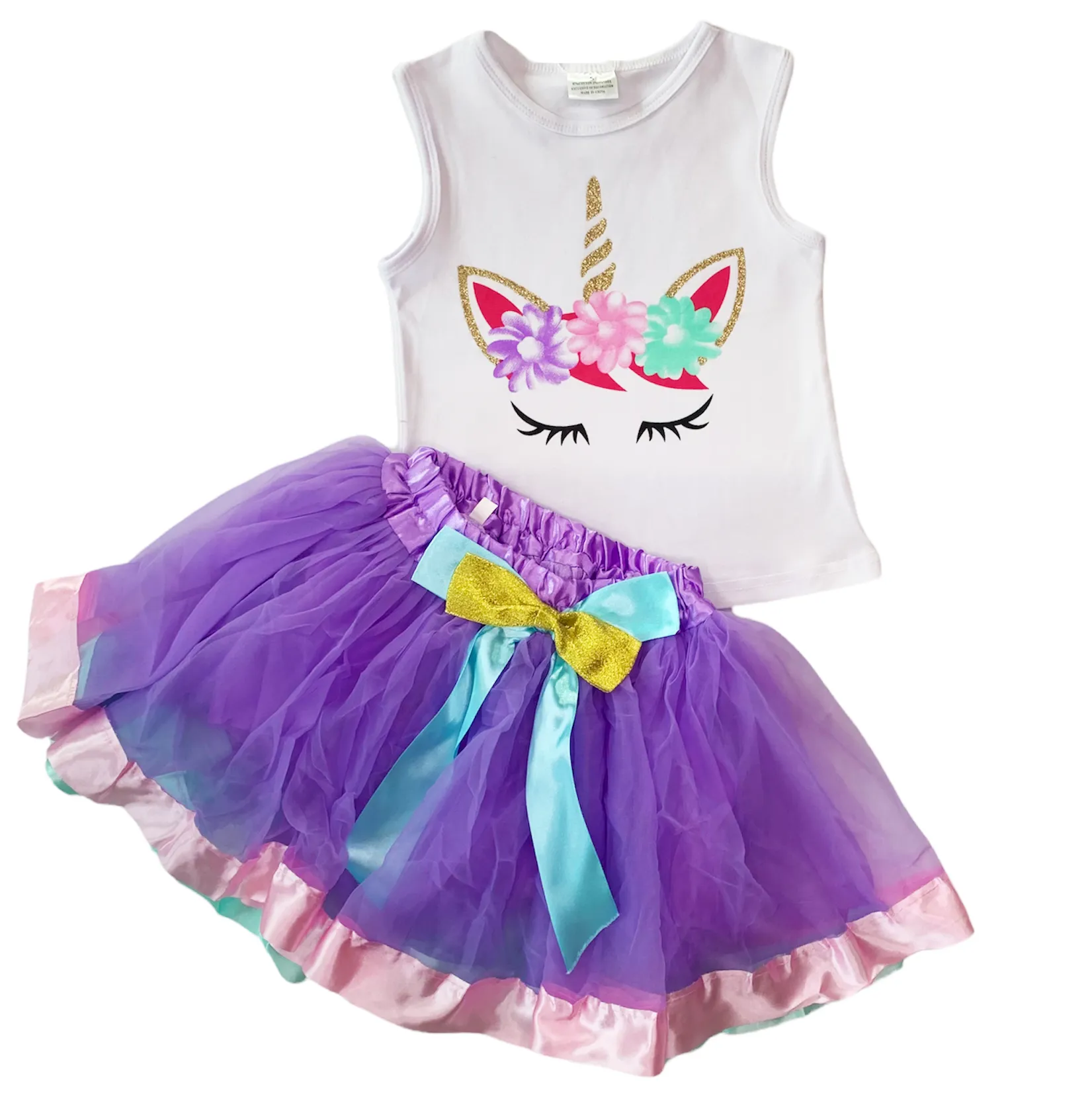 Girls Unicorn Tank Top and  Purple Tulle Skirt Spring Outfit Set