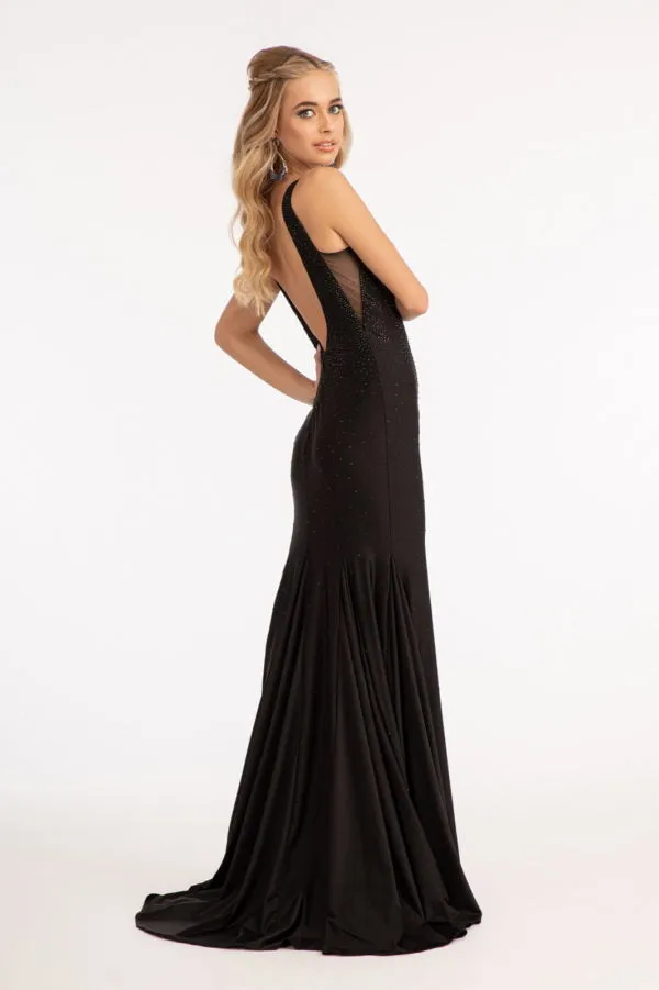 GL 3037 - Bead Embellished Jersey Fit & Flare Prom Gown with Sheer Sides & Open Back