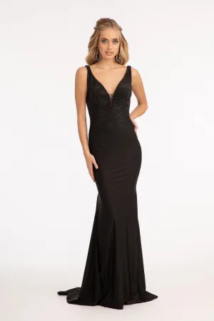 GL 3037 - Bead Embellished Jersey Fit & Flare Prom Gown with Sheer Sides & Open Back
