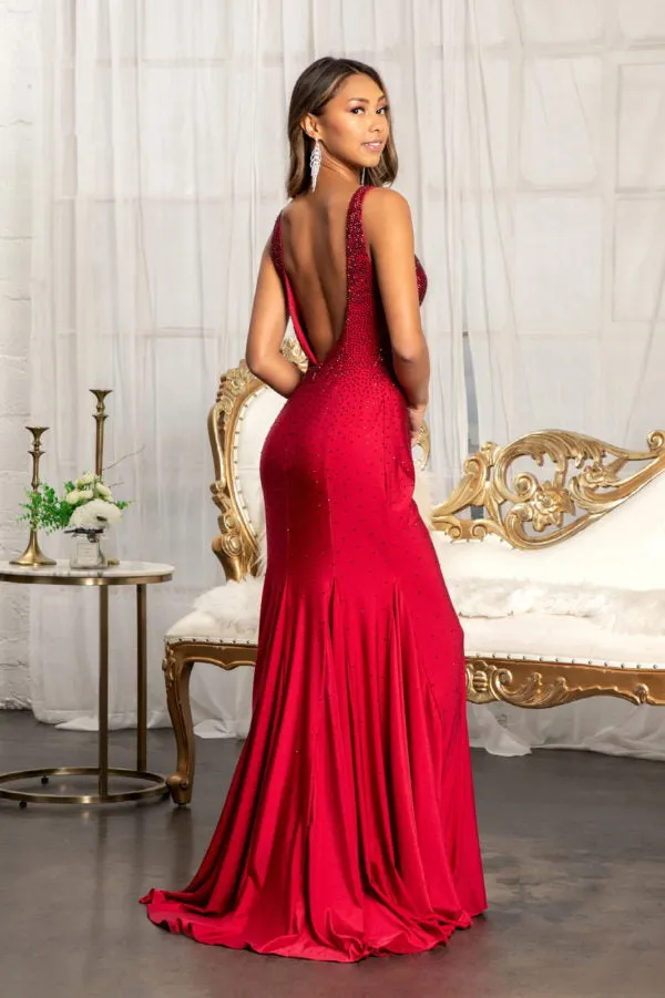 GL 3037 - Bead Embellished Jersey Fit & Flare Prom Gown with Sheer Sides & Open Back
