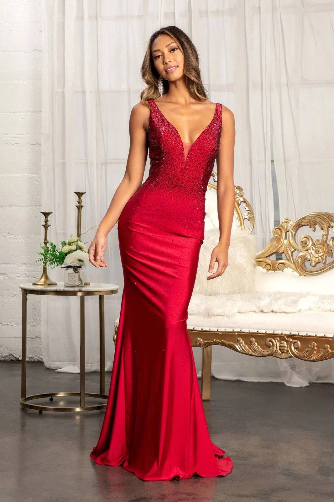 GL 3037 - Bead Embellished Jersey Fit & Flare Prom Gown with Sheer Sides & Open Back