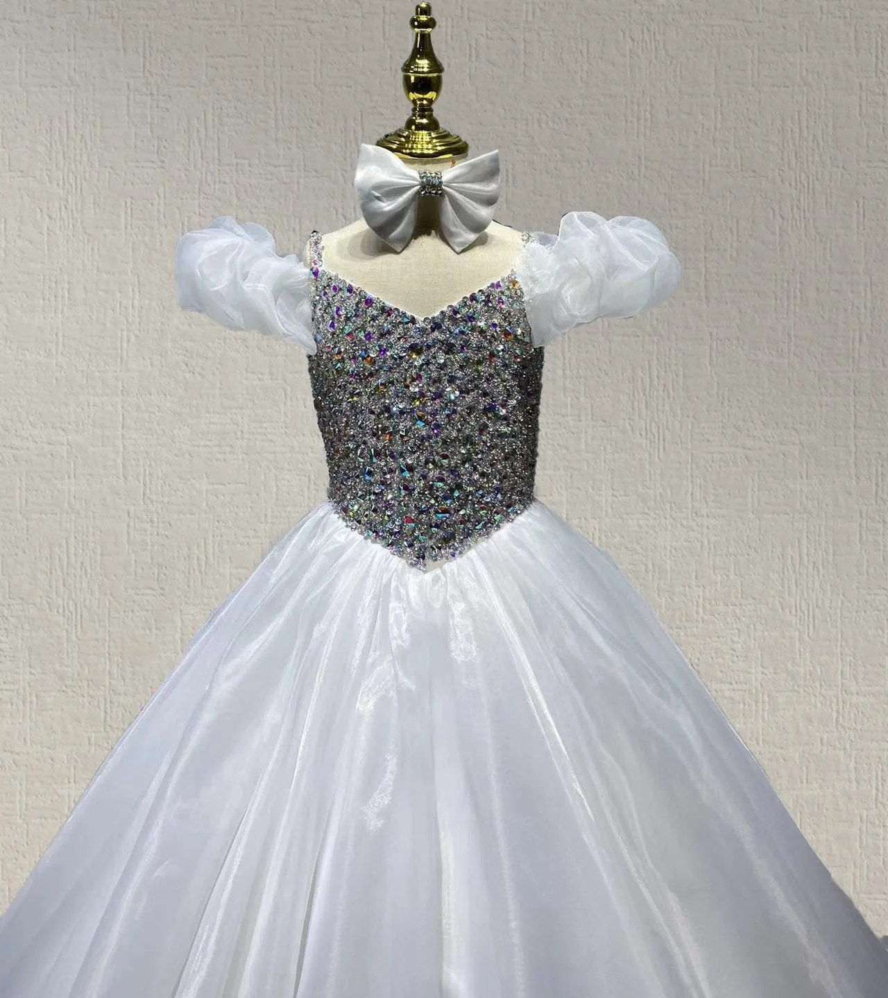 Glitzy Beaded Bodice Young Girls White Evening Gown