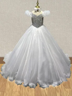 Glitzy Beaded Bodice Young Girls White Evening Gown