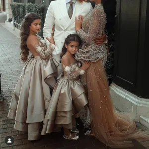 gold flower girl dresses for weddings handmade flower lace high low kids prom gown communion dresses