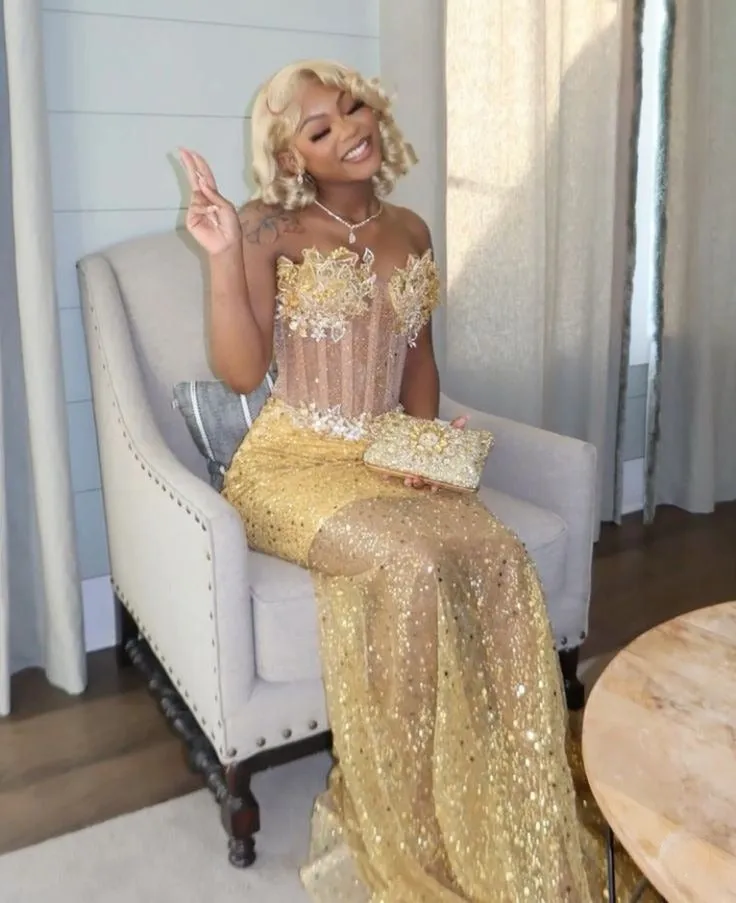 Gold Mermaid Prom Dress Evening Formal Party Birthday Engagement Gowns   fg7444