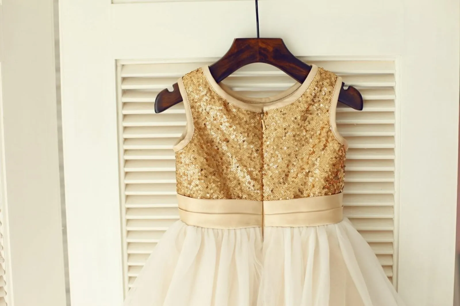 Gold Sequin Ivory Tulle Wedding Flower Girl Dress, Belt / Flower
