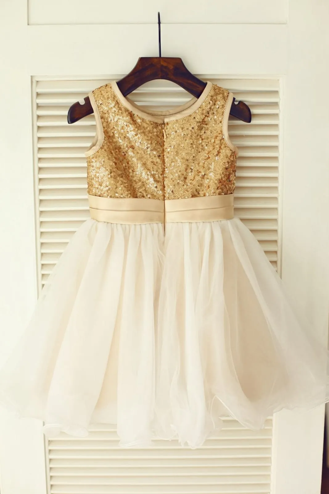 Gold Sequin Ivory Tulle Wedding Flower Girl Dress, Belt / Flower