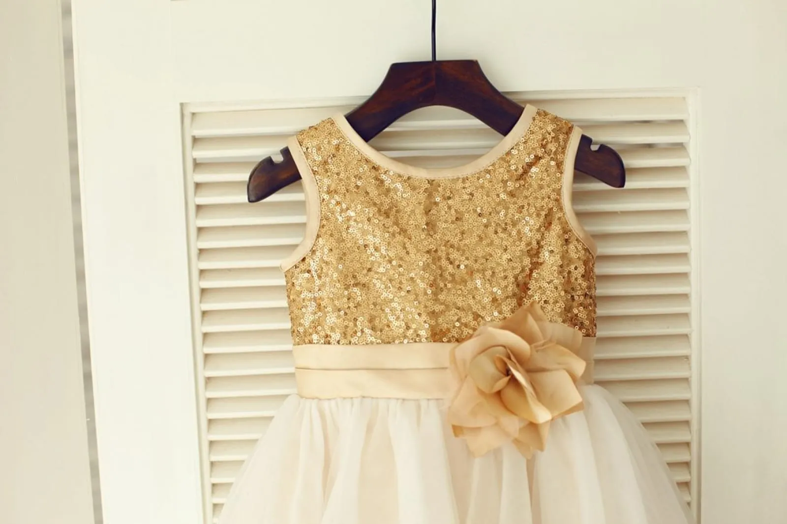 Gold Sequin Ivory Tulle Wedding Flower Girl Dress, Belt / Flower