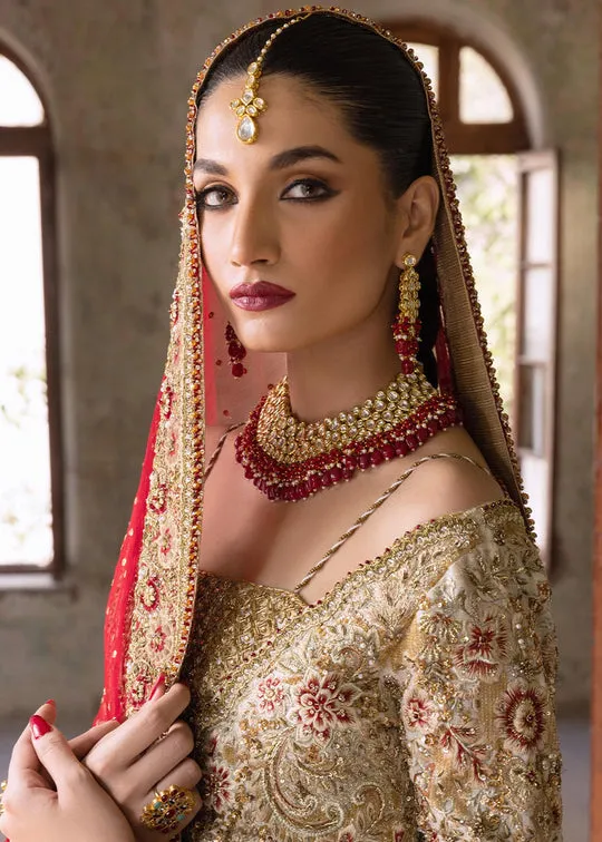 Golden Pakistani Bridal Dress in Lehenga Gown Style