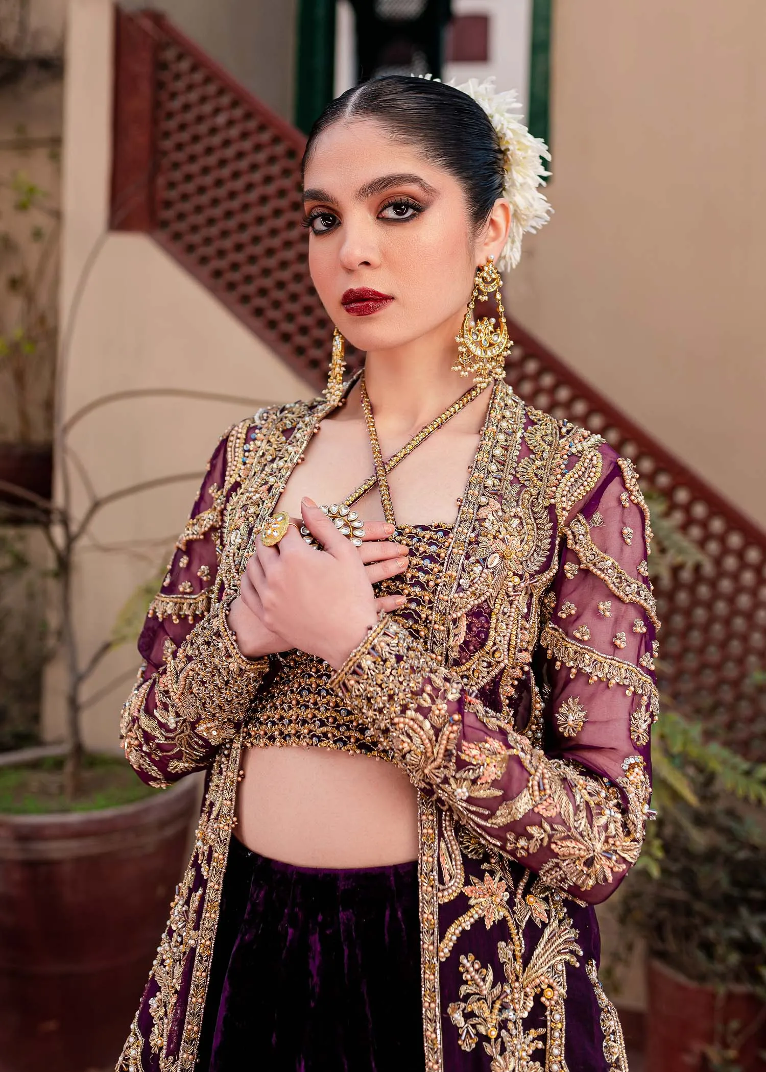 Golden Purple Lehenga Choli Jacket Indian Bridal Wear