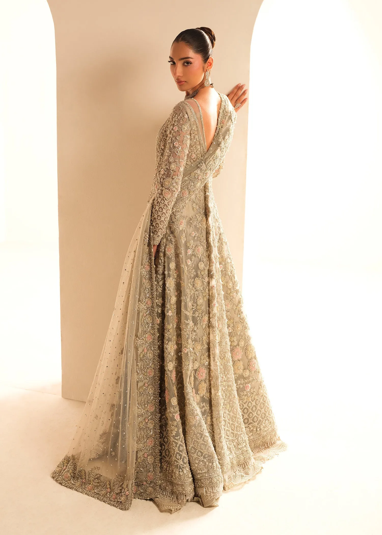 Gown Lehenga Style Silver Grey Pakistani Bridal Dress
