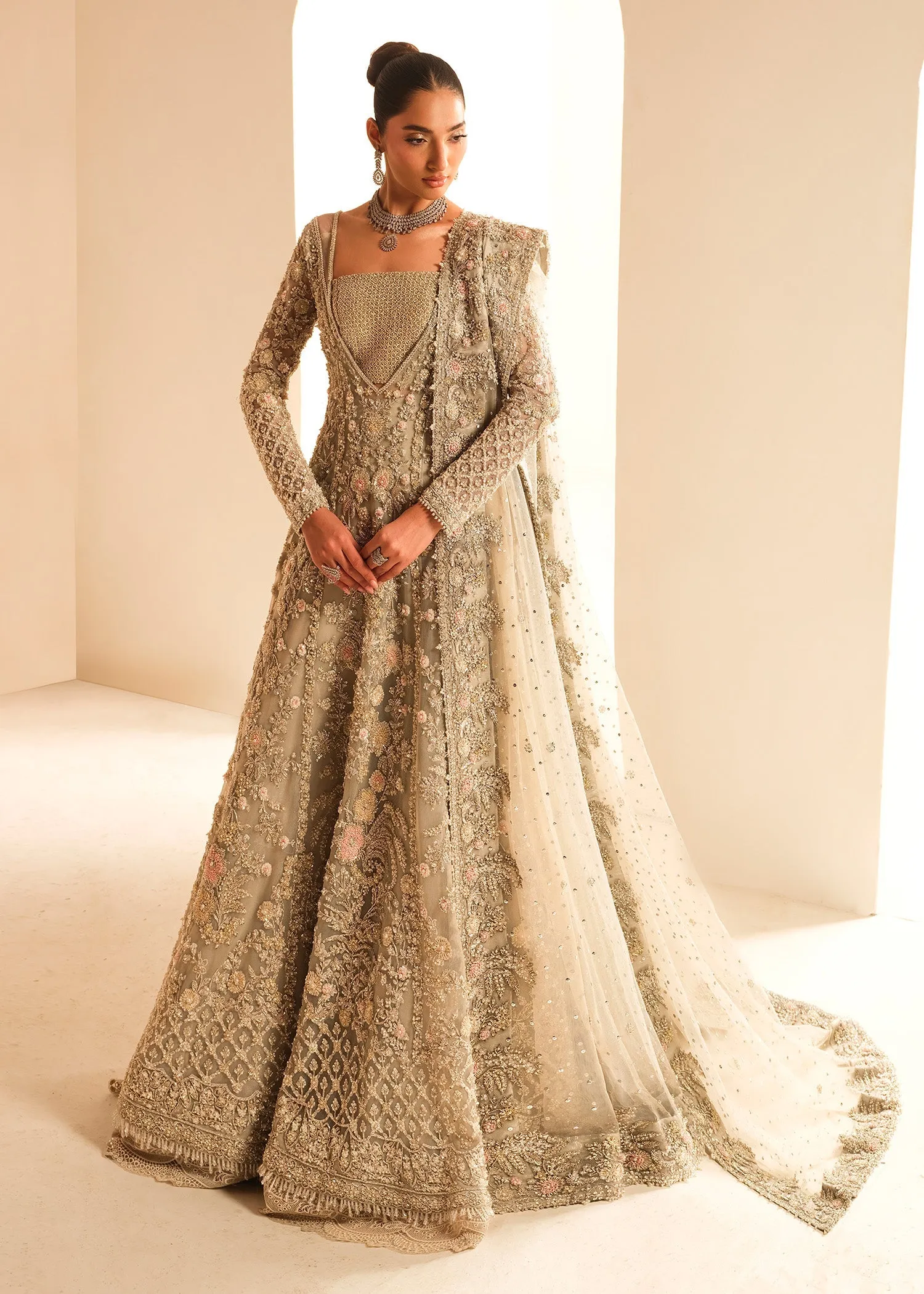 Gown Lehenga Style Silver Grey Pakistani Bridal Dress